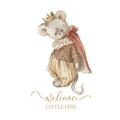 Watercolor Royal Mouse Welcome Little One Baby Greeting Vector Illustration