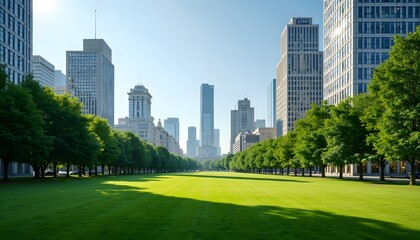 Obraz premium Serene City Park with Lush Green Grass and Skyscrapers, Urban Oasis, Chicago