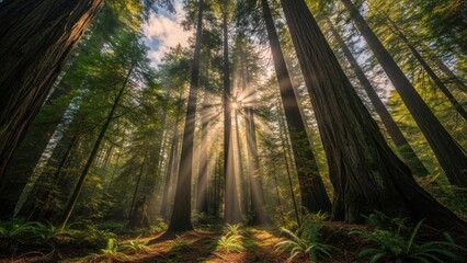 Obraz premium Sunlight pierces through tall trees in a lush forest