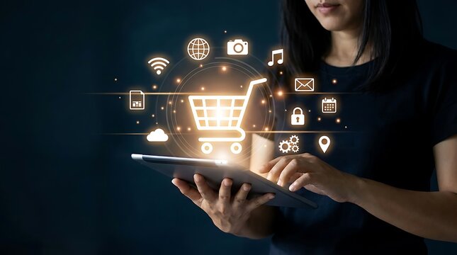 woman touching virtual screen - Powered by Adobe