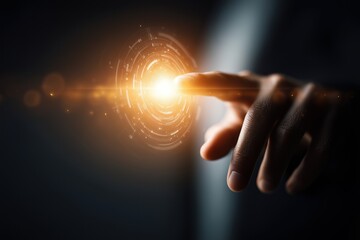 Close up of human hand interacting with glowing circular digital HUD interface technology