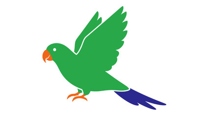 Fototapeta premium Green parrot flying with open wings, blue tail and orange beak, isolated on white