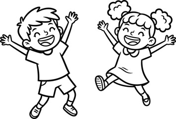 Happy children jumping and laughing together line art illustration representing joyful childhood friendship playful energy and fun kids activity concept