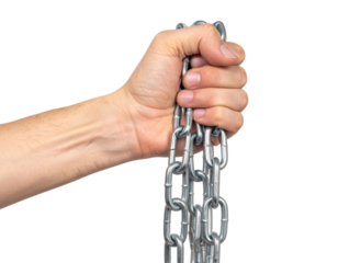 Strong Human Hand Gripping Metal Chains with Tension and Authority on a Transparent Background