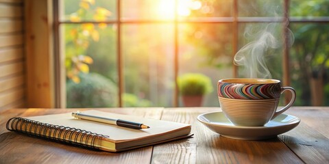 Warm morning beverage and notepad on wooden table near window with sunlit garden view