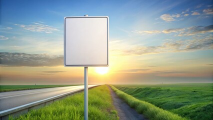 Blank roadside signpost at sunrise next to a rural highway and vibrant green field