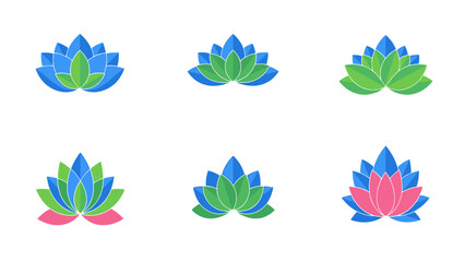 Lotus Flower Logo Set - Abstract Geometric Design in Blue, Green, Pink