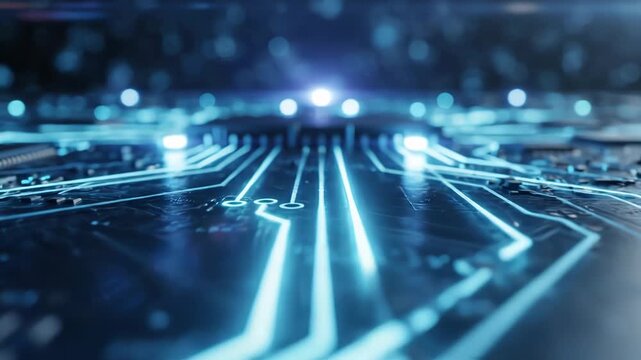 Extreme closeup of a glowing blue circuit board with illuminated pathways, symbolizing advanced digital processing and connectivity