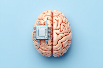 Intelligent concept visualizing advanced artificial intelligence integration with human brain circuitry and futuristic microchip connections symbolizing progress