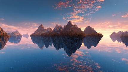 Floating mountain landscape with vibrant sunset sky and calm reflective water creating surreal and peaceful atmosphere