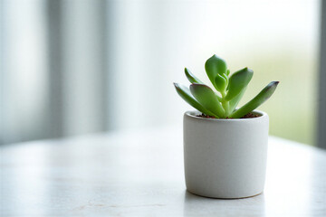 Small green succulent plant in a white ceramic pot on a table by a sunny window  indoor gardening and plant care