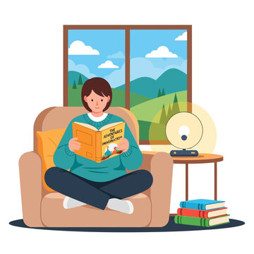 Person Reading Book Relaxing in Armchair by Window with Books and Lamp