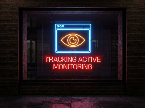 Analytics behaviorcustomer icon data user concept glow neon sign window show digital eye and text tracking active monitoring at night in city street Concept of user behavior tracking - Powered by Adobe