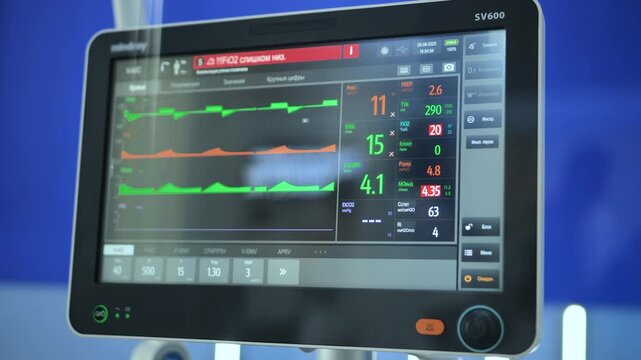 Ventilator screen showing medical data, graphs, and numbers in an intensive care unit