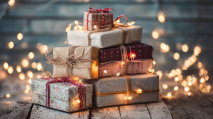 A stack of elegantly wrapped gifts adorned with fairy lights on a rustic wooden surface