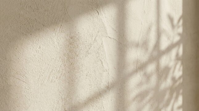 Minimalist textured wall in warm sunlight,showing subtle plant shadows and natural surface texture,ideal for design backgrounds and interiors