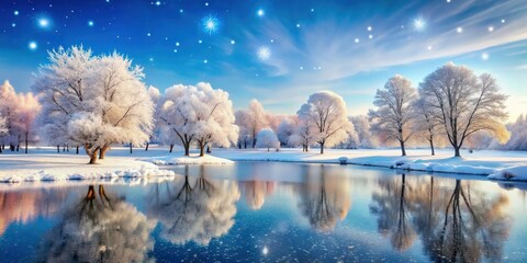 Serene Winter Landscape Frost-Covered Trees Reflecting in a Calm, Icy Pond Under a Starlit Sky