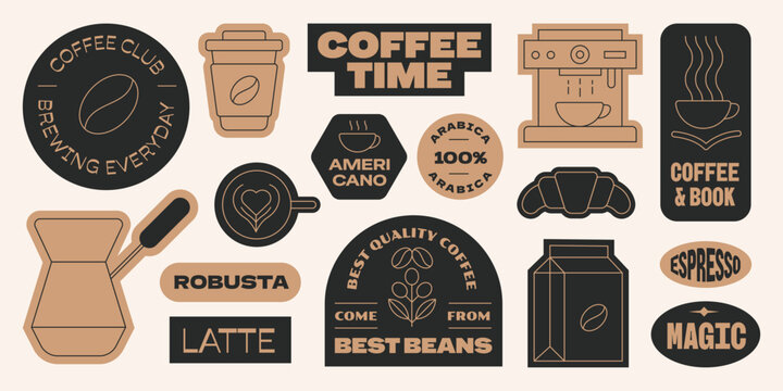Set of Coffee stickers elements collection. Espresso, americano, arabica, coffee maker design.