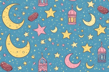 Ramadan blue background with lanterns moon and stars