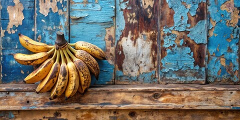 A bunch of ripe bananas rests against a rustic, weathered wooden surface with peeling blue paint, showcasing a vibrant contrast between the yellow fruit and the aged wood.