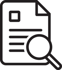 Black outline icon of a document with a magnifying glass and text lines on a white background paper