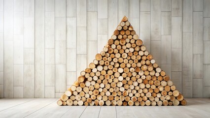 Rustic Wooden Logs Arranged in a Triangular Pile Against a Light-Colored Wall
