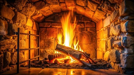 Warmth and Comfort of a Rustic Stone Fireplace with a Bright, Crackling Fire
