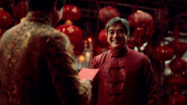Chinese lunar new year holiday celebration. Spring festival tradition. Chunjie. Asia. A man in a red cheongsam smiles as he holds a red envelope.