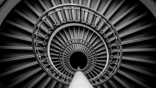 Spiral staircase descends into darkness with sleek metal railings - Powered by Adobe