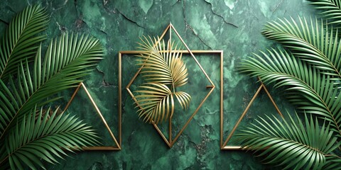 Golden Tropical Paradise Lush Green Foliage and Geometric Frames on a Textured Emerald Background