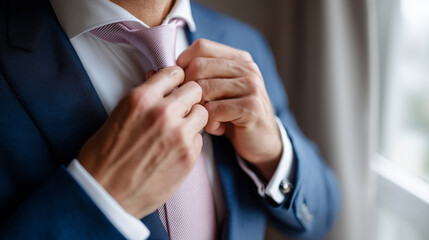 Obraz premium Close-up of faceless hands adjusting a silk tie on a young manâs suit, morning of the ceremony, soft window light, graduation preparation, sharp focus on fabric and hands, minimali