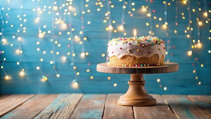 Festive Birthday Cake with a Single Candle on Wooden Stand Against a Sparkling Background