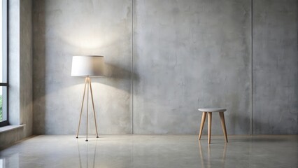 Modern minimalist interior design featuring a floor lamp and small stool against a textured wall
