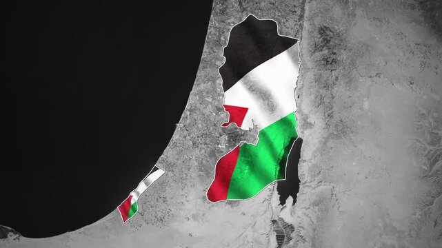Palestinian flag waving over a grayscale map of the region