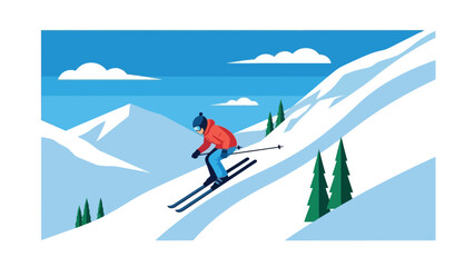 Dynamic downhill ski adventure with a person enjoying winter sports on snowy mountain slopes, perfect for travel promotions, sporting event media, and outdoor activity advertisements