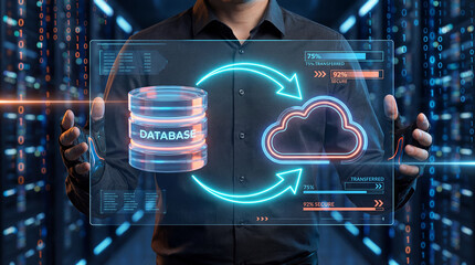 man holding digital database and cloud storage icons