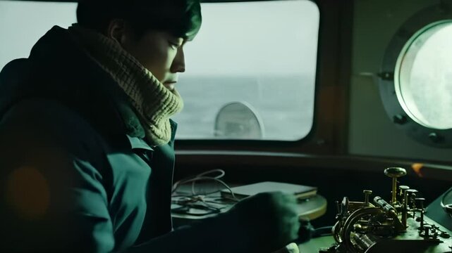 Woman sits in ship cabin watching ocean through porthole window. Female traveler looks at sea from boat. Ship cabin with woman viewing ocean. Traveler watches through porthole. Woman in ship room.