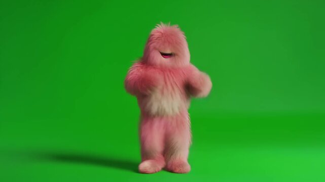 Whimsical Pink Fluffy Monster Dancing Joyfully on a Vibrant Green Screen Background, Capturing