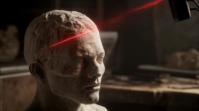 Laser Scanning Stone Statue Head Closeup.