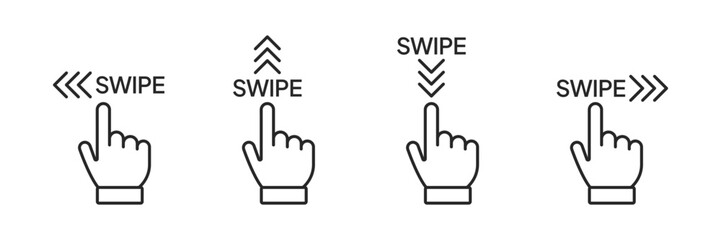 Swipe icon. Swipe direction icons with arrows indicating left, right, up, and down. Scroll pictogram for social media stories. Slide symbol with text.