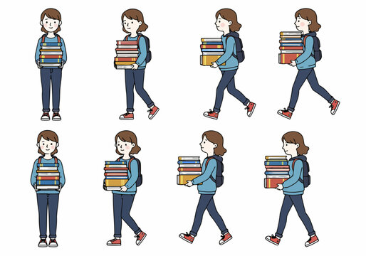 Cute cartoon girl student with backpack holds heavy book stack, walking and standing, showcasing education, study, and learning.