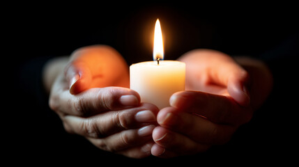 female Hands gently holding a lit white candle in the middle of deep darkness, warm soft flame illuminating only the hands, low-key lighting, cinematic mood, minimal composition, s