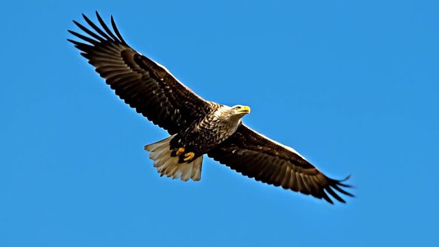 Majestic White Tailed Eagle Soaring Against Blue Sky with Copy Space
