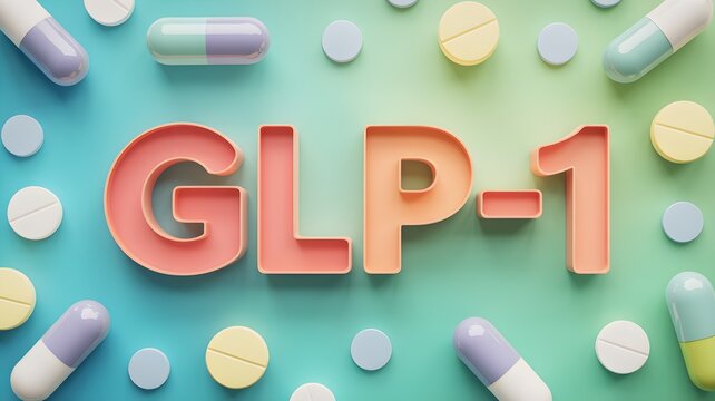 Letters GLP-1 surrounded by pill and tablet on pastel background representing glp-1 medication, therapy and weight loss concept.