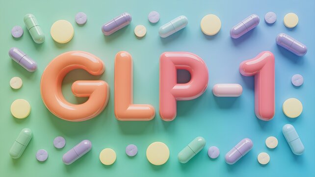 Colorful 3d letters spelling GLP-1 surrounded by capsule and tablet shapes, symbolizing glp-1 medication, weight loss therapy and metabolic treatment.