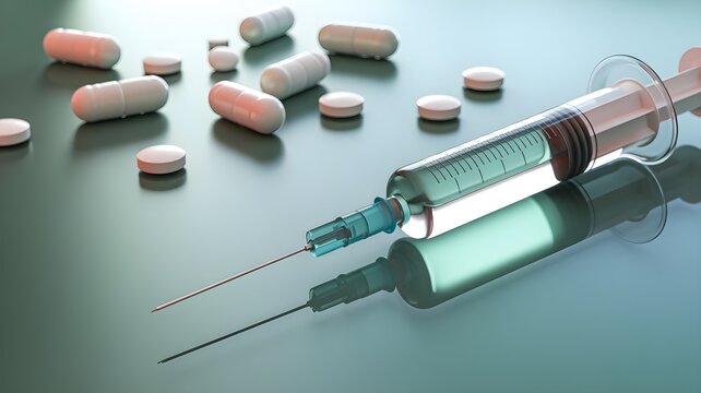 Syringe and pill on reflective surface symbolizing GLP-1 therapy, injection treatment and medication concept.