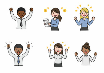 Fototapeta premium Set of diverse cartoon professionals expressing joy and triumph in business.