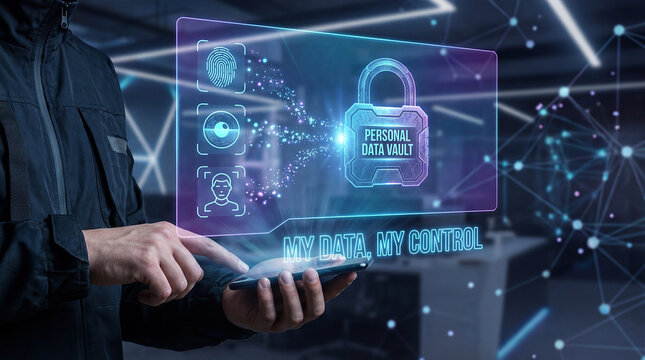 man holding smartphone with personal data vault security interface - Powered by Adobe