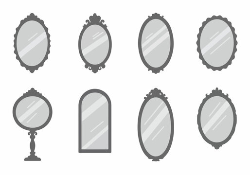Flat design vector icons of elegant and decorative mirrors with various ornate and simple frames for interior design.