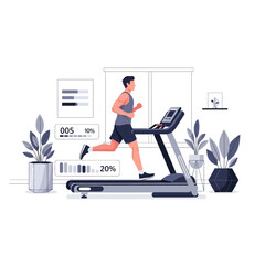 Fototapeta premium Man running on treadmill in modern home gym, fitness tracking